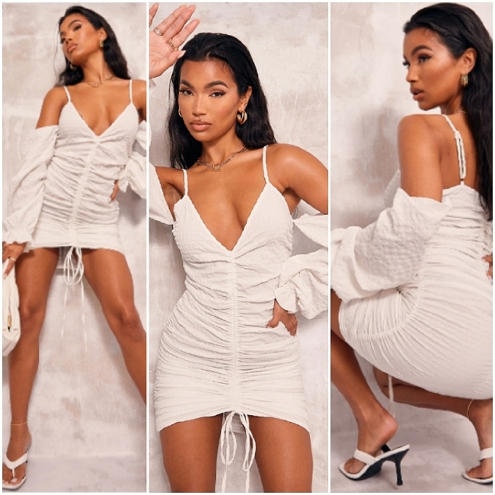 PrettyLittleThing Textured cold shoulder ruched bodycon dress US size 6 NWT - Picture 1 of 6